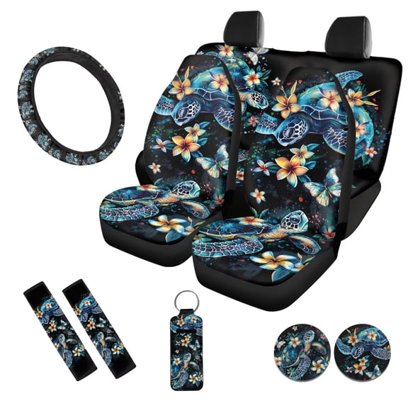 Uorisanigo Sea Turtle Floral 10 Pieces Auto Seat Cover and Car Steering Wheel Accessories and Seat Belt Pads Auto Water Cup Pad Keychains Soft Easy to Install and Clean Auto Interior for Car SUV