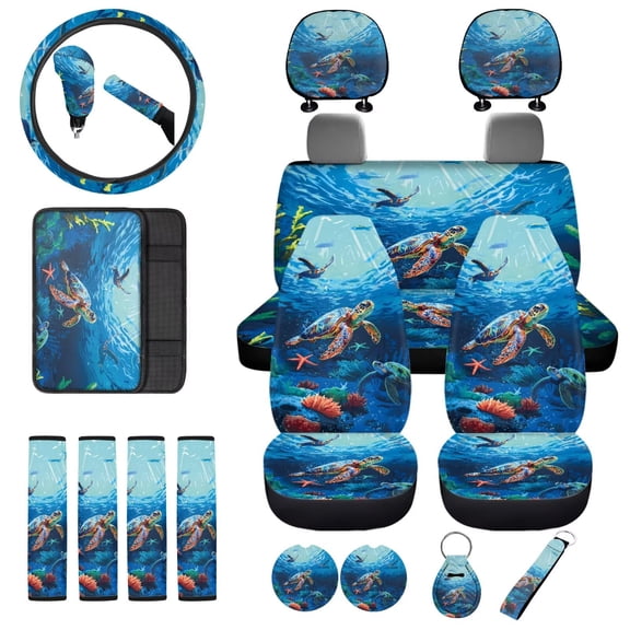 Uorisanigo Sea Turtle Print Car Seat Cover Full Set of 18 Pack with Steering Wheel Wrap Seat Belt Pads Center Console Pad Headrest Cushion Gear Shift & Handbrake Covers Car Coasters Keychain