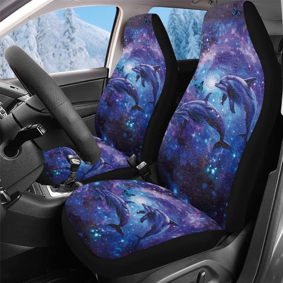 Uorisanigo Seat Covers for Cars Trucks SUV Front Seats, 2 PCS Fur Furry Fluffy Purple Galaxy Dolphin Seat Covers, Universal Car Interior Cover Seats Protectors Fit for Cars