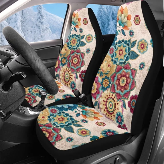 Uorisanigo Seat Covers for Cars Trucks SUV Front Seats, 2 PCS Premium Furry Fuzzy Fluffy Ethnic Flower Print Seat Cover, Car Interior Accessories, Universal Fit & Breathable
