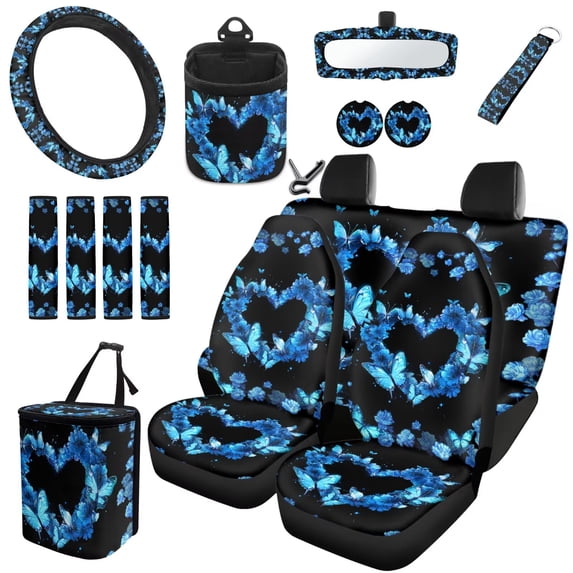 Uorisanigo Set of 15 Car Seat Cover Full Set with Blue Heart Flower Butterfly Steering Wheel Covers Seatbelt Cover Cup Holders Garbage Can Air Vent Organizer Bag Mirror Cover Keychain Fit Sedan SUV