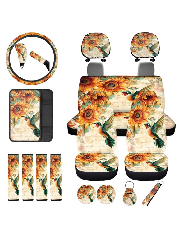 Set of 18 Auto Seat Protector Cover, with Steering Wheel Covers Seatbelt Shoulder Pad Center Console Cover Headrest Gear Shift & Handbrake Covers Coaster,Ethnic Geometric Aztec Horse