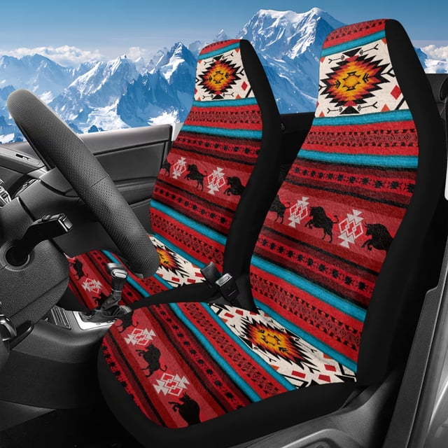 Uorisanigo Set of 2 Automotive Seat Cover Full Set Car Protection Accessory, Red Aztec African Tribal High Back Bucket Seat Cover for Most Vehicles, Durable Elastic Car Seats Cushion