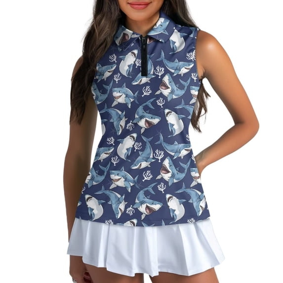 Uorisanigo Shark Pattern Womens Moisture Wicking Casual Tennis Activewear Comfortable Women's Sleeveless Golf Tennis Shirts Quarter Zip Pullover Size M