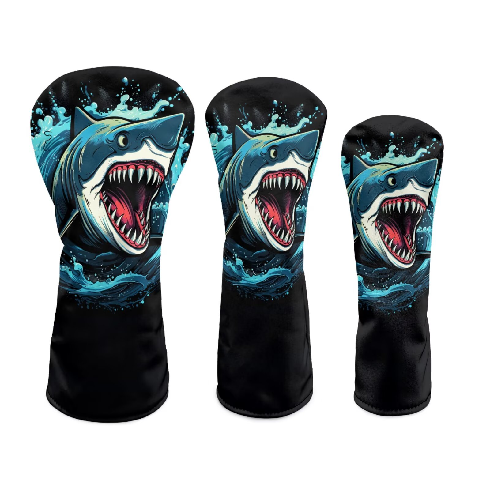 Uorisanigo Shark Print Golf Club Head Cover 3pc Golf Headcovers for Woods and Driver Fairway Hybrids, Golfs Accessories Head Covers Set with Premium PU Leather, Abrasion-Resistant