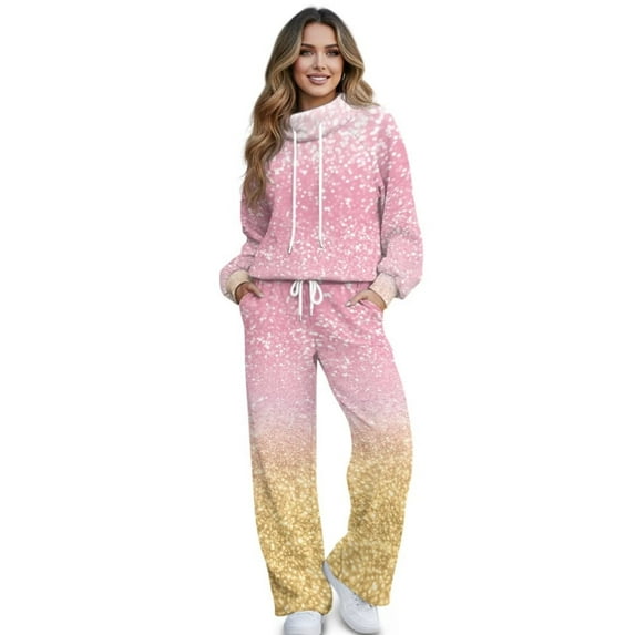 Uorisanigo Shinny Pink 2 Piece Mock Neck Sweatshirt Wide Leg Sweatpants Lounge Hoodie Sweatsuit Sets Oversized Sweat Shirt Casual Pant Set Tracksuit Loungewear Travel