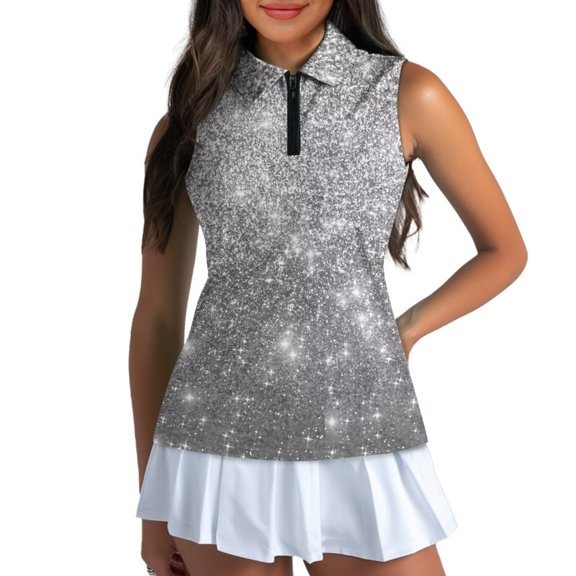 Uorisanigo Silver Starlight Women's Golf Top Casual Polyester Spandex Fabric Womens Golf Shirt Sleeveless Zip Up Shirts Washable Breathable Workout Tank Tops
