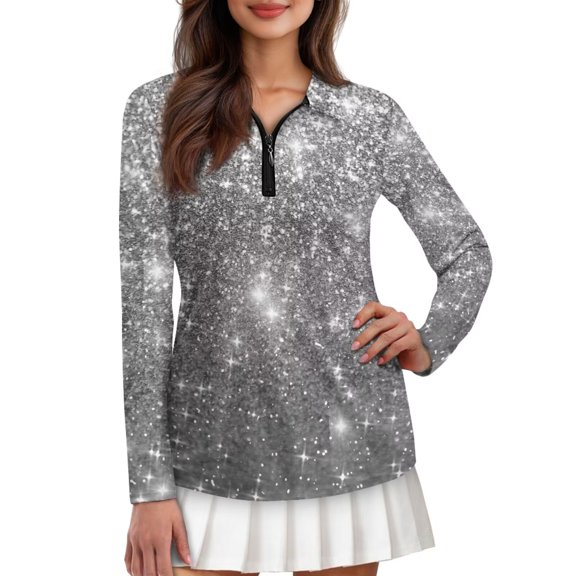 Uorisanigo Silver Starlight Womens Golf Shirt Breathable Versatile Women's Dry-Fit Golf Polo Shirts Relaxed Fashionable Zip Up Collar Long Sleeve Tennis Tops
