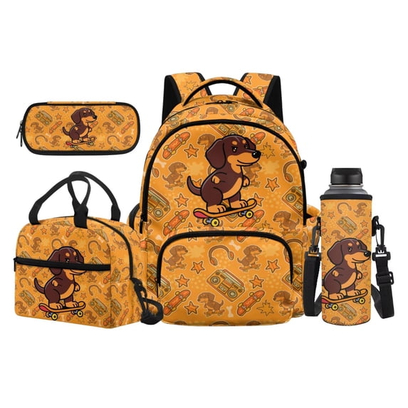 Uorisanigo Skateboard Dachshund School Backpack for Boys Ages 5-16 Lightweight Daypack 4 Piece Set with Insulated Lunch Bag Water Bottle Sling and Pencil Case