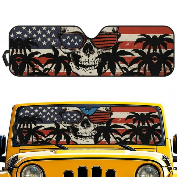 Uorisanigo Skull American Flag Windshield Sun Shade for Jeep Wrangler JK JKU JL JLU1997-2024, Front Window Visor Shade Blocks UV Rays Foldable Sunshade with Storage Pouch, Easy to Store