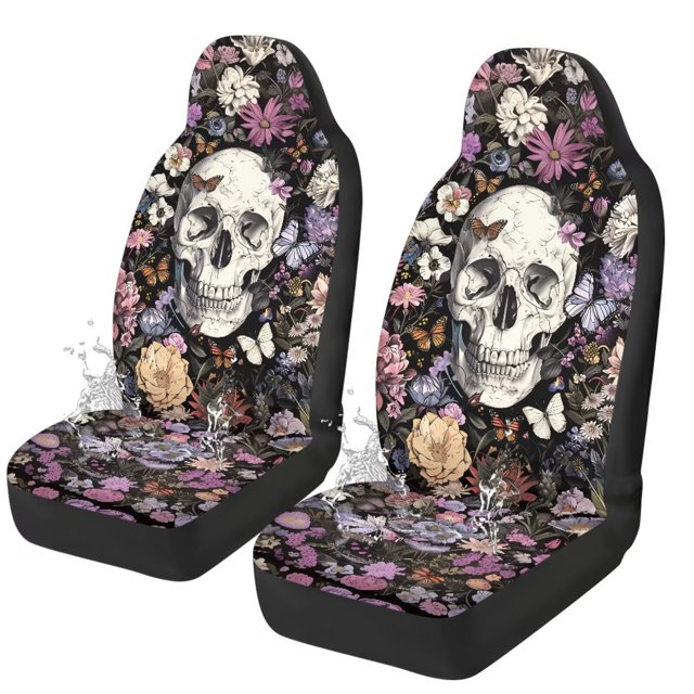 Uorisanigo Skull Car Seat Covers Waterproof Front Seat Covers Easy Installation Stretch Polyester Fabric Cover Protection Interior Accessories Universal Fit Most Cars,SUV, Trucks
