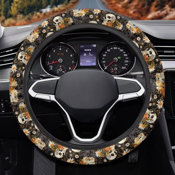 Uorisanigo Skull Car Steering Wheel Protector Daisy Print Steering Wheel Cover for Women Easy to Install Car Wheel Covers for Winter Flannel Car Accessories for Men Cool Car Decor Gift for Wife