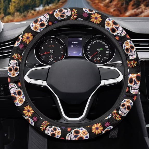 Uorisanigo Skull Print Warm Steering Wheel Cover for Winter Funny Car Steering Wheel Protector for Most Vehicle Elastic Car Steering Wheel Covers 15 Inches Car Accessories Gift for Friends
