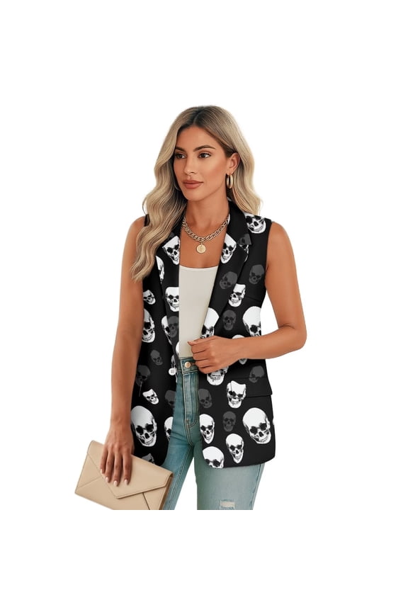Skull Print Women's Vest Jacket with Pockets Sleeveless Women's Suit Vest Top Lightweight Button Down Blazers Suit Vests Top Fashion Size L