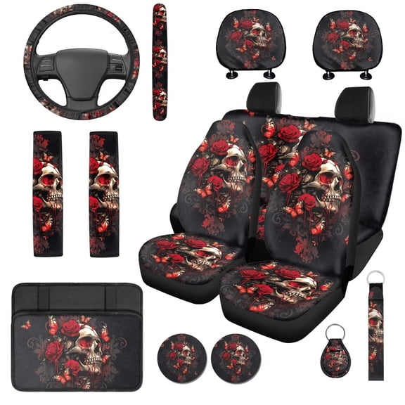 Uorisanigo Skull Red Roses Car Accessories Set 14 Pcs with Comfortable Soft Cars Seat Covers and Steering Wheel Accessories and Auto Console Cover Cars Headrest Cover Keychain for Car SUV