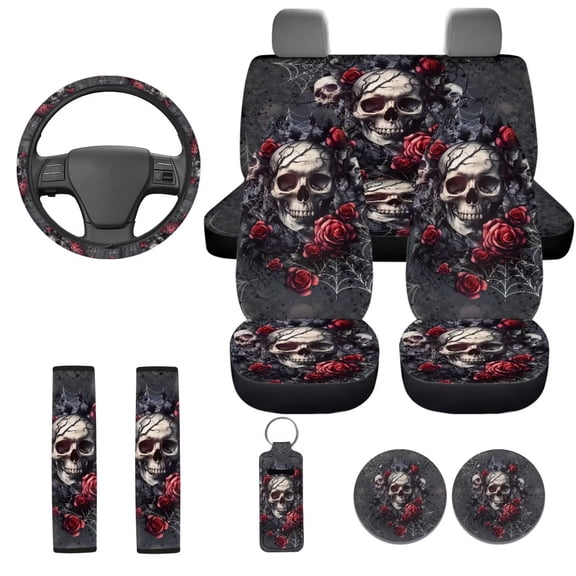 Uorisanigo Skull Rose 10 Pieces Automobile Seat Cover Sets with Car Steering Wheel Cover and Car Seat Belt Cover Cars Water Cup Coaster Keychains Soft Anti-slip Auto Interior for Cars SUVs