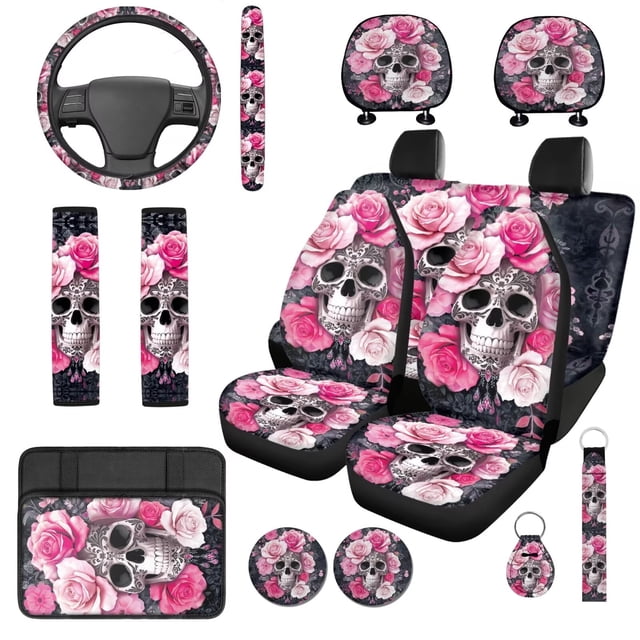 Uorisanigo Skull Rose 14 Pack Car Seat Covers Sets Car Steering Wheel Cover and Cars Headrest Cover Auto Armrest Cover Water Cup Pad Auto Seat Belt Cover Personalized Soft Fit for Cars SUVs