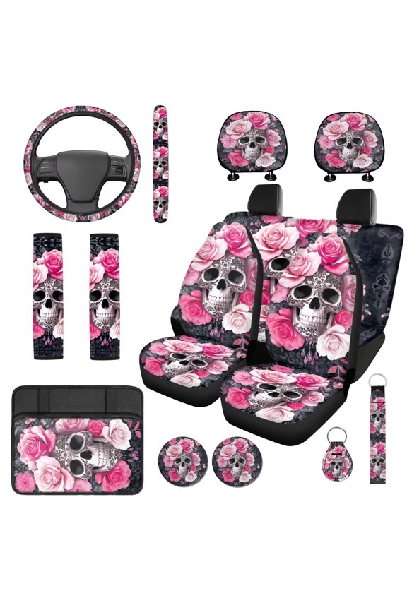 Skull Rose 14 Pack Car Seat Covers Sets Car Steering Wheel Cover and Cars Headrest Cover Auto Armrest Cover Water Cup Pad Auto Seat Belt Cover Personalized Soft Fit for Cars SUVs
