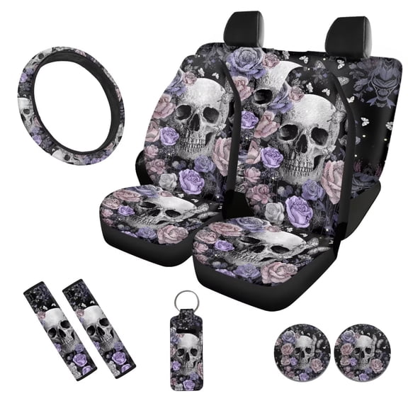 Uorisanigo Skull Roses 10 Pack Car Seat Covers with Car Seat Belt Pad Cover and Steering Wheel Cover Auto Water Cup Pad Keychains Soft Easy to Install Auto Interior Universal Fit Most Cars SUVs