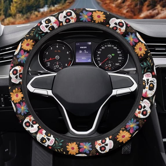 Uorisanigo Skull Steering Wheel Cover for Women Fashion Car Steering Wheel Protector 15 Inches Flannel Car Steering Wheel Cover for Winter Thicken Car Accessories for SUV Vehicle Sedan