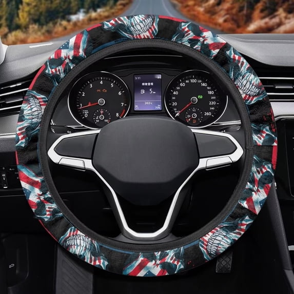 Uorisanigo Skull Steering Wheel Cover for Women Fluffy American Flag Car Steering Wheel Protector for Winter Stretchable Fuzzy Steering Wheel Covers Flannel Car Decorative Gift for Mom