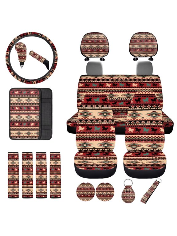 Southwest Aztec 18 Pack Universal Car Accessories Set,Front & Rear Seat Protectors+Seat Belt Pads+Steering Covers+Cup Coasters+Armrest Cover+Headrest+Gear Shift Cover+Key Chains
