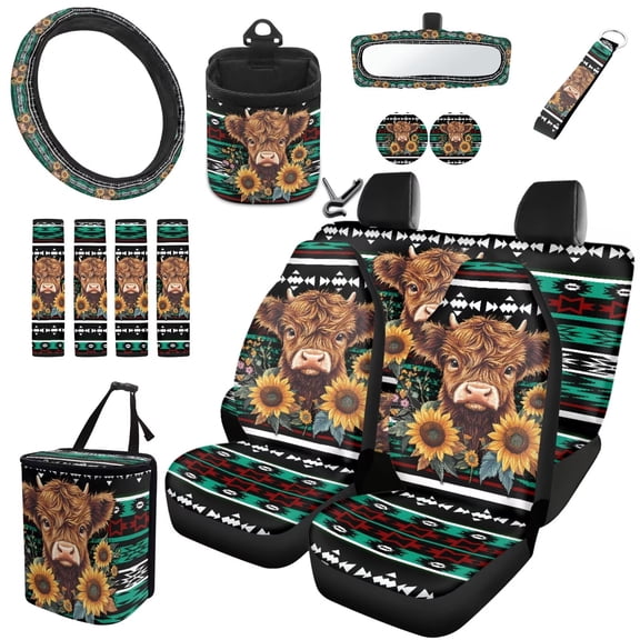 Uorisanigo Southwest Aztec Highland Cow 15Pcs Car Seat Cover Full Set, with Steering Wheel Protector Seat Belt Cushion Car Coasters Trash Bin Air Vent Box Rearview Cover Keychain Interior Decor