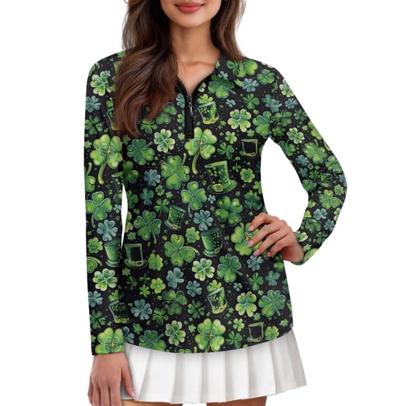 Uorisanigo St. Patrick's Leaf Women's Golf Top Quick Dry Soft Athletic Polo Workout Tops Fashion Quarter Zip Pullover for Tennis Hiking & Outdoor Sports Size XS