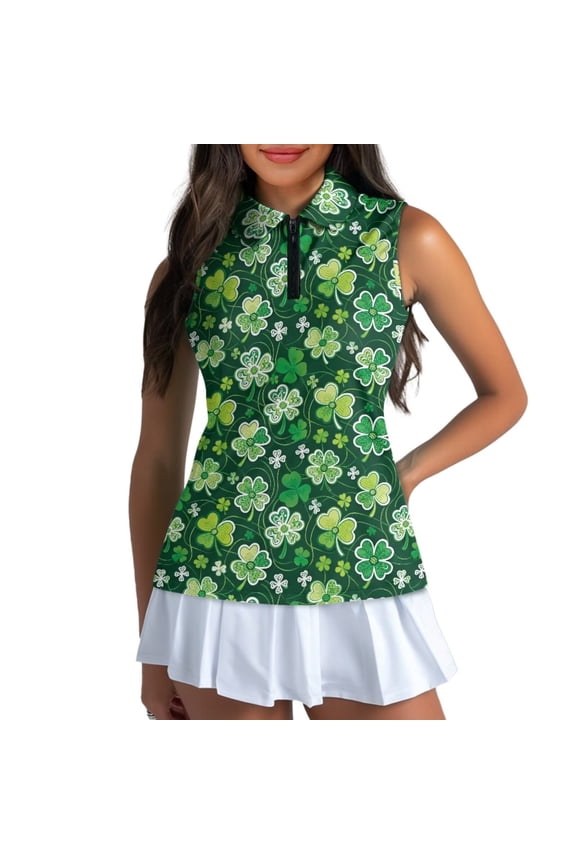 St. Patrick's Leaf Womens Golf Shirt Size XS Fashionable Quarter Zip Quick Dry Athletic Polo Shirts Soft Versatile Tennis Tops for Workout Sports