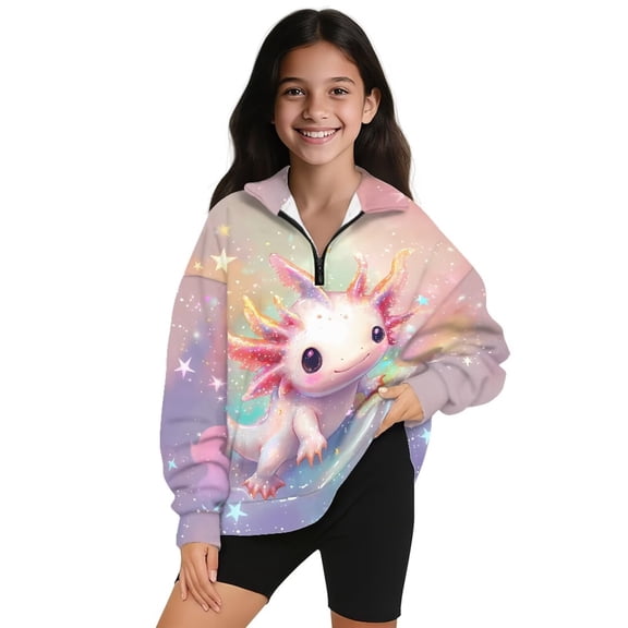 Uorisanigo Star Axolotl Girls Sweatshirts Long Sleeve Pullover Crop Tops Lightweight Quarter Zipper Pullover Jackets for Teen Girl Outerwear Kids Oversized Half Zip Up Hoodies
