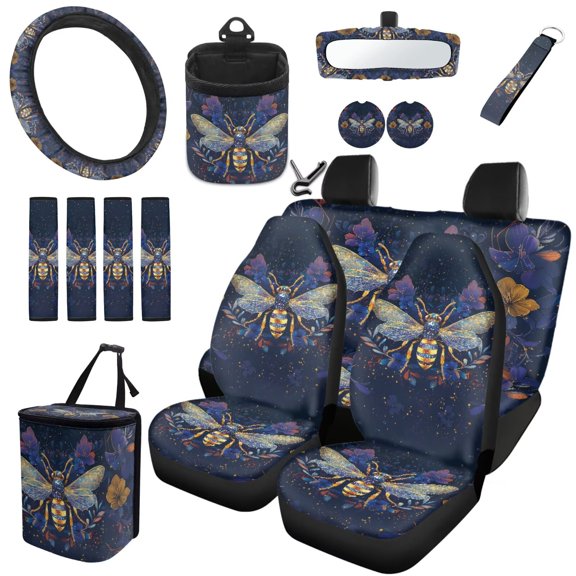 Uorisanigo Starry Bee 15 Packs Car Seat Cover Front Back Seat Protector, with Steering Cover Seatbelt Shoulder Pad Car Coasters Trash Bin Auto Air Vent Organizer Rearview Mirror Cover Keychain