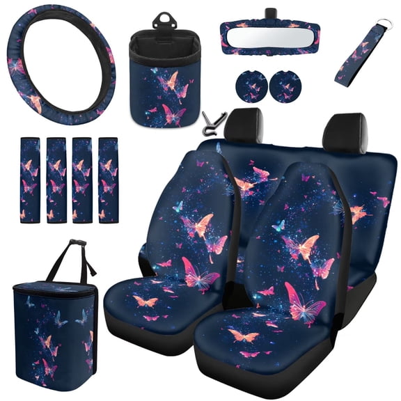 Uorisanigo Starry Butterfly 15Pcs Car Seat Covers Font Rear Set with Wheel Cover Protector,Seat Belt Cushion,Car Trash Can,Air Vent Pouch,Rearview Mirror Cover,Car Coasters,Interior Accessories