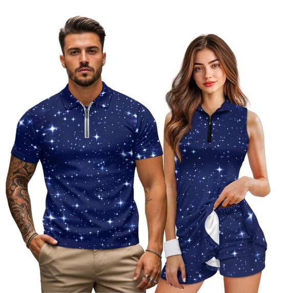 Uorisanigo Starry Sky Couples' Golf Outfits Men Zipper Shirt Breathable Dry Fit Golf Athletic Shirt and Womens Golf Dress with Shorts and Pockets Sleeveless Athletic Dresses