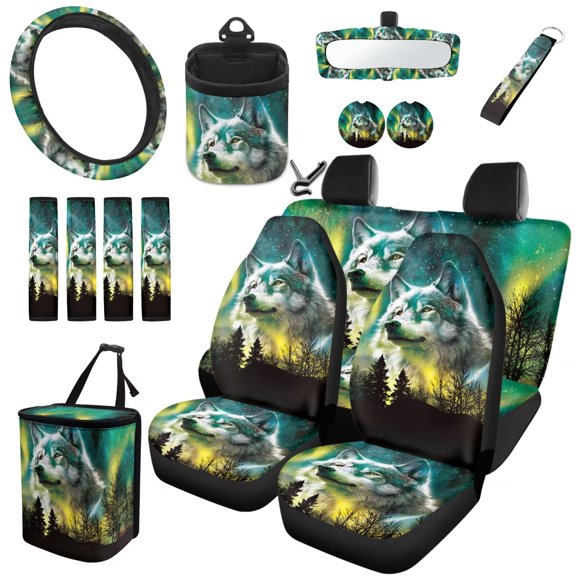 Uorisanigo Starry Wolf Front Back Seat Cover Full Set with Steering Wheel Covers Seat Belt Cover Drink Coasters Car Garbage Can Air Vent Storage Box Rear View Mirror Protector Key Chains 15 Pack