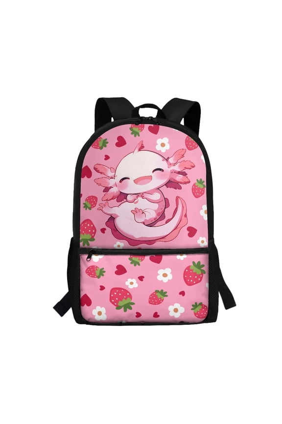 Strawberry Axolotl Backpacks for School 6-12 Year Old, Lightweight Casual Daypack Back to School Bag Universal Preschool Elementary Kindergarten Bookbag