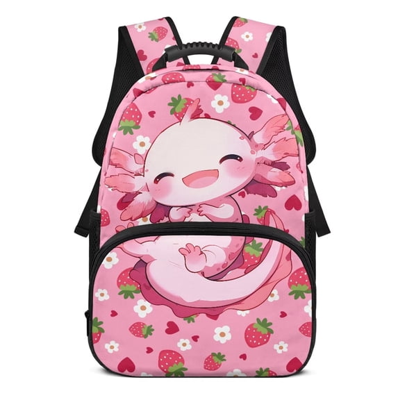 Uorisanigo Strawberry Axolotl School Backpack 17 inch for Preschool Elementary, Casual Basic Bookbag with Side Mesh Pockets, Ideal for Boys Girls Ages 5-12 Daily Use