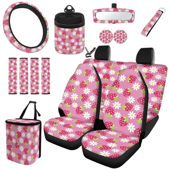 Uorisanigo Strawberry Flower 15 PCS Car Seat Cover Full Set, with Steering Wheel Cover Seat Belt Cushion Pad Car Holder Coasters Car Trash Bin Mirror Cover Air Vent Storage Bag Keyring, Breathable