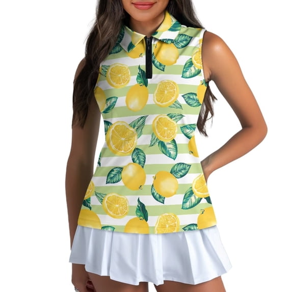 Uorisanigo Striped Lemon Women's Golf Top Size 2XL Soft Relaxed Hiking Running Workout Tops Zip Up Collar Sleeveless Daily Wear Athletic Tops for Women