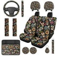 thumbnail image 1 of Uorisanigo Sugar Skull Flowers 14 Pieces Car Seat Covers with Headrest Cover and Steering Wheel Cover Center Console Cover Auto Seat Belt Cover Fashion Comfortable Suitable for Cars SUVs, 1 of 6
