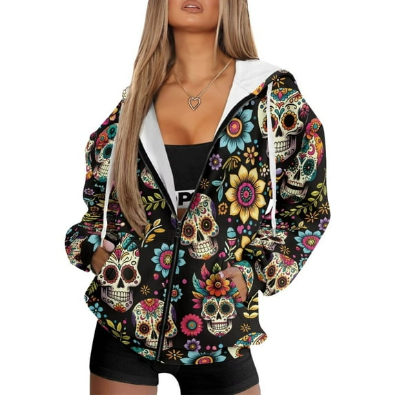 Uorisanigo Sugar Skull Hoodie for Women Lightweight Long Sleeve Womens Oversized Hoodies Warm Pocket Fall Outfits Winter Clothes Soft Womens Full Zip Up Hoodies Size 2XL