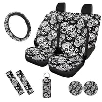 Uorisanigo Sugar Skull Print 10 Pcs Automobile Seat Cover Sets with Soft Comfortable Car Steering Wheel Cover Cars Seat Belt Pad Cover Auto Water Cup Pad Chapstick Holder for Most Car SUV