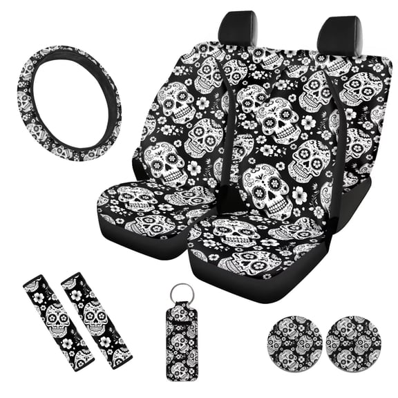 Uorisanigo Sugar Skull Print 10 Pcs Automobile Seat Cover Sets with Soft Comfortable Car Steering Wheel Cover Cars Seat Belt Pad Cover Auto Water Cup Pad Chapstick Holder for Most Car SUV