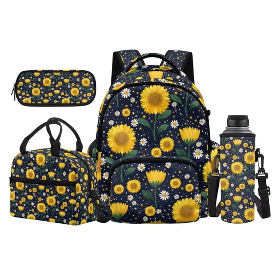 Uorisanigo Sunflower Black Backpack Set for Boys Ages 5-16, Large Capacity Bookbag with Insulated Lunch Bag, Water Bottle Holder and Pencil Box, Side Mesh Pocket for Laptop
