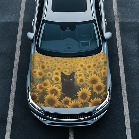 Uorisanigo Sunflower Black Cat Car Hood Cover Tear-Resistant Portable Car Hood Protector Cover Car Decorations Hood Covers Suitable Most Automotive Pickup Sedans Trucks SUVs