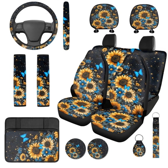 Uorisanigo Sunflower Butterfly 14 Pieces Car Seat Covers with Headrest Cover and Steering Wheel Cover Center Console Cover Auto Water Cup Coaster Keychain Comfortable for Most Cars SUVs