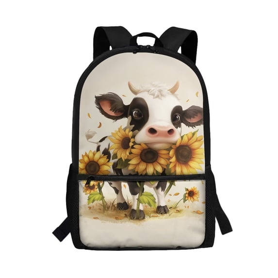 Uorisanigo Sunflower Cow Kids Backpack for School Lightweight Travel or Sports Bags with Water Bottle Pockets Preschool Elementary Kindergarten School Bag(17 inch)