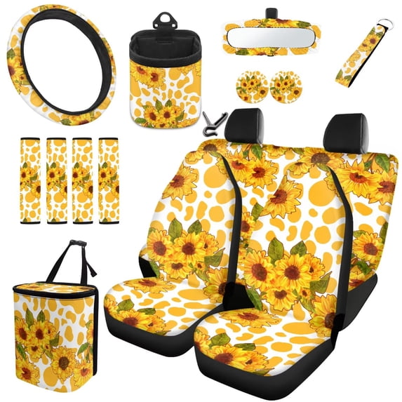 Uorisanigo Sunflower Cow Print Front Back Seat Cover Full Set 15pcs with Car Steering Wheel Covers Seat Belt Cushion Pad Car Coasters Garbage Bag Rear View Mirror Cover Keychain Air Vent Pocket