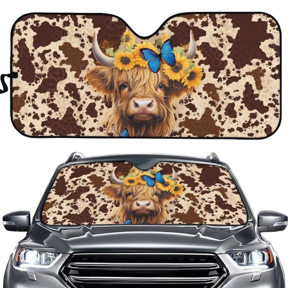 Uorisanigo Sunflower Highland Cow Pattern Car Sun Shade Automotive Windshield Cover Sunshades Reflective Sun Visor Reflector Sunshade Sunlight Resistant Accessories to Protect for Cars, SUVs, Trucks