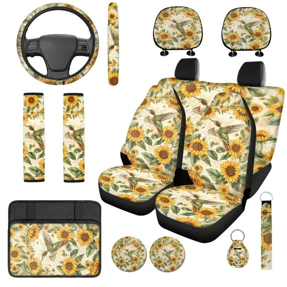 Uorisanigo Sunflower Hummingbird 14 Pack Car Accessories Set with Cars Seat Covers Auto Steering Wheel Accessories and Cars Headrest Cover Armrest Cover Soft Fashion Universal Fit Car SUV