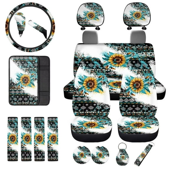 Uorisanigo Sunflower Southwest Aztec Car Seat Cover Split Covers for Women Men, Seat Belt Pads Steering Wheel Cover Armrest Cover Headrest Gear Shift & Handbrake Covers Key Chain,18 PCS